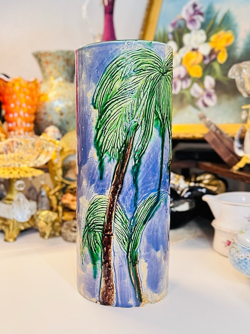 Antique 1930 Studio Art Pottery Palm Tree Vase Signed YCHACOLL 10.25” Hand-Built
